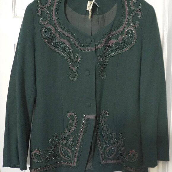 Vintage Romantics by Lisa Kane Green & Purple Beaded Wool Crepe Blazer Sz 18 - Picture 2 of 12